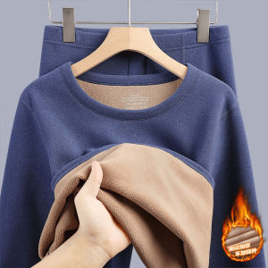 1 SET/2PCS Mens Winter Fleece Underwear Mens Fleece-Lined Thermal Underwear Set Womens Round Neck Cold-Proof Base Layer Couple Style Thickened Pajamas Winter Warm and Cold-Resistant Clothing