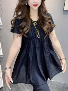 WANGGONGZHU | Round Neck Bubble Sleeve Chiffon Top Women Summer New Fashion Loose Slimming Doll Shirt Versatile Korean Style Commute Wind