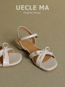 MASHUJIA | Leather Womens Sandals Bowknot Medium Heel Comfortable Elegant