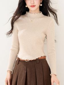 Autumn Winter Small Knitted Sweater Womens Half High Collar Earlet Long Sleeve Base Shirt Short Top Small Size Sweater Inner Wear