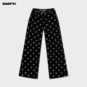 SMFK | Wide Leg Cotton Denim Pants with Drape and Full Print