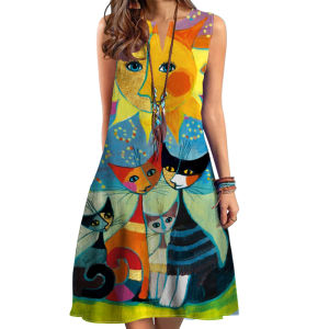 Summer Middle Skirt Women Sleeveless Loose V-neck Elegant Dresses Party 2025 Thin Breathable 3D Print Fashion Woman Style Dress