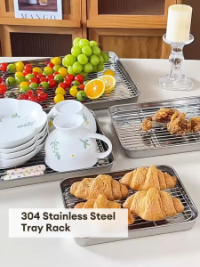 MISN 2in1 Kitchen Stainless Steel Baking Tray with Removable Cooling Rack Set BBQ Rack Baking Tool Food Tray
