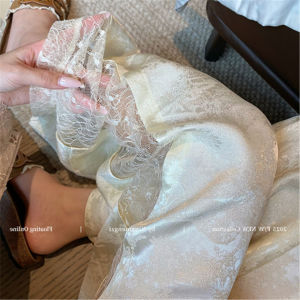 New Chinese Style Lace Splicing Embroidered Satin Wide Leg Pants Women Summer Thin Hanging Sensation Slimming Ice Silk Acetate Pants