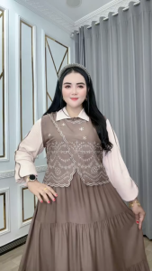 Midi Dress Wanita – Pakaian Rompi Bordir Orliva 0206 3761 Rayon Twill Busui Kancing Aktif Lengan Panjang Karet Kra Tali Pinggang Depan Rempel Mayung Tampilan Anggun Untuk Aktivitas Harian