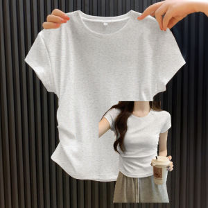 Gray Short Sleeve Womens T-Shirt Slim Fit Summer Design Sense Waist Cinched Pleated Top Thin Korean Style Commute Pure Color