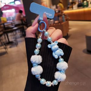 Handmade Ball And Bead Mobile Phone Chain Womens Elegant Short Design Bead Mobile Phone Strap Luxury POM Ball Dangle Charm New