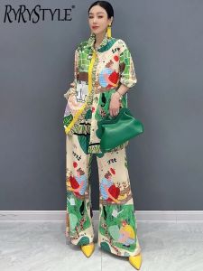 Two Piece Set Summer Long Sleeved Printed Shirt Wide Legged Pants Fashion Casual Elegant Womens Clothes 5R9885