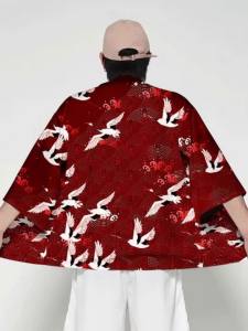 Summer Asian Traditional Costume Men Crane Printed Japanese Kimono Cardigan Harajuku Yukata Dark Style Black Haori Shirt Jacket
