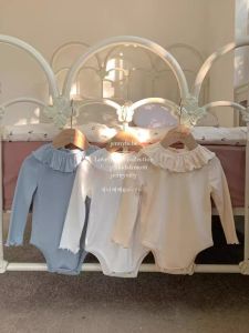Korean Style Baby Girl Outfit Spring Autumn Cotton Long Sleeve Romper with Ruffle Collar And Bottom Shirt Two Pieces Set
