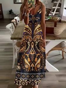 Printed Design Four Seasons casual style Geometric Tribal Pattern Design Print V-neck spaghetti strap dress
