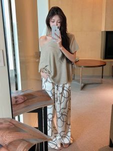 Champagne Print Wide Leg Pants Womens Summer New Korean Style Loose Drapey Versatile Casual Trousers High Waist Elastic Polyester Fiber