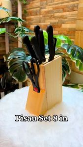 Set Pisau Dapur Plus Rak Pisau Kayu 8 in 1 Paket Lengkap Kitchen Set Knife Serbaguna