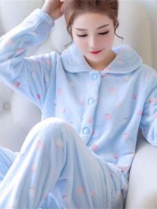 Thick Coral Fleece Sleepwear Womens Open Cardigan Set Warm Home Clothes Flannel New Autumn Winter Cute Rabbit Polka Dot