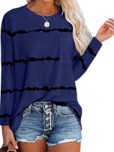 เสื้อยืดคอกลมแขนยาวลายทาง เสื้อผ้าทำงานผู้หญิง ทรงหลวม ฤดูใบไม้ร่วง 2023 โพลีเอสเตอร์ 100% เสื้อผ้าทำงานสไตล์เกาหลี