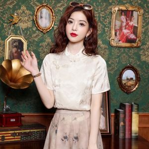 Elegant Summer Cheongsam Style Silk Shirt Womens Fashion 2026 New High-End Embroidery National Trend Top Womens Clothing