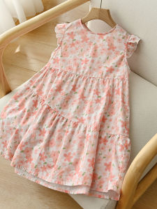 Washed 60-Thread Pure Cotton Childrens Dress Floral Print Sleeveless Vest Skirt for Girls Cake Skirt Style Sweet Style Cotton