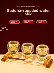 Crystal Offering Cup for Buddha Home Decorations Guanyin Pure Water Cup Wealth Deity Holy Water Cup Three Linked Cups for Offering