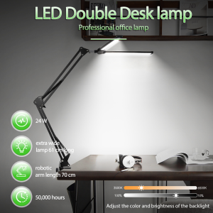 CANMEIJIA LED Table Lamp Dimmable Brightness Double Headed Desk lamp USB Plug 3 Color Modes Desktop Reading Light Foldable Long Arm Computer Monitor Lights with Clip for Office Working Study Eye Protection Lighting Fixture