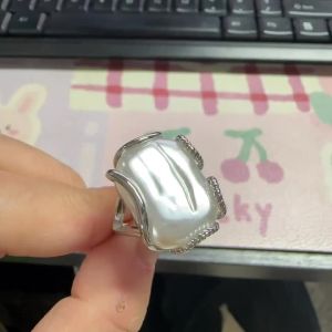 Huitan Octagon Imitation Pearl Ring for Women Silver Color Dainty Design Wedding Engagement Elegant Jewelry Trendy Accessories