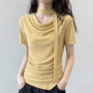 Irregular Neck Drape Slim Fit T-Shirt Womens Top