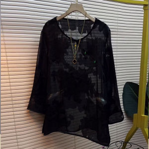 plus Size Womens round Neck Floral Print Long Sleeve Black Shirt Fashionable Traditional Style Versatile Cotton Blend Top