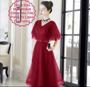 Dress Wanita Midi Terbaru Matt Brokat Glitter/Dress Elza Size L-XL-XXL Cocok Untuk Acara Natal Dan Pesta Model Kekinian Viral