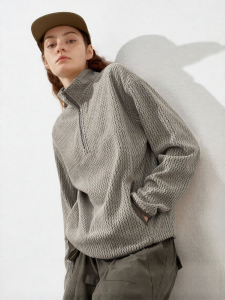 714street | Áo Sweater Vai Trụi Dây Kéo Nửa Phía Wavy Fleece