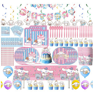 Disposable Tableware Set for Childrens Birthday Party including Paper Cups Plates Tablecloth Balloons Decorations Cinnamon Dog Themed