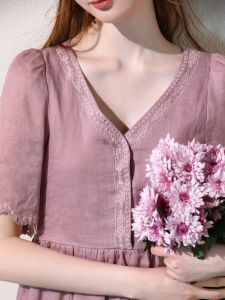 Miccbeirn | Elegant Pure Linen Embroidered Fairy Skirt Dress V-Neck Midi A-Line Gown Shiny Sequins Gentle Lady Style Short Sleeve Summer Dress