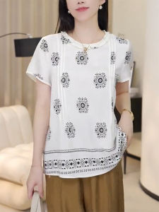 QINGNAER | Ruffled Patchwork Pleated Embroidered Short Sleeve Thin T-Shirt Plus Size