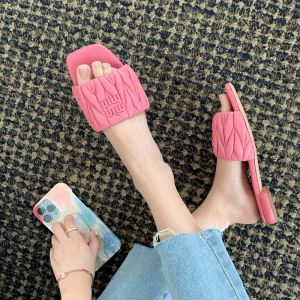 Womens Leather Folded Head One-Strap Sandals Summer New Fashion Letter Casual Beach Slippers Comfortable Flat Bottom Outdoor Wear