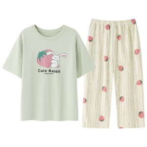 miiow | Pure Cotton Short Sleeve Sleepwear Set For Women Summer New Style Comfortable Home Clothes Large Size Seven-Foot Pants