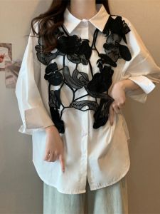 French Lace Hollow out Long Sleeve Shirt Womens plus Size Fashionable Unique Top Korean Style Loose Fit Autumn New Arrival