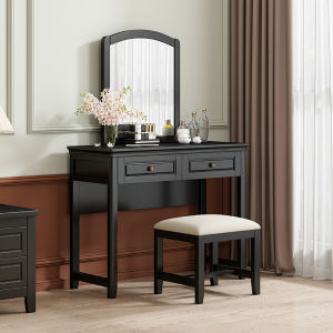 Modern Minimalist Lightweight Vintage Black French Style Makeup Table with Mirror for Bedroom Small Size Rubber Wood Material