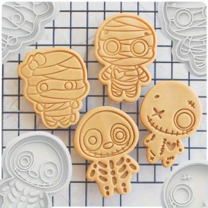 4pcs Halloween Skull Cookie Cutters PLA Cartoon Pressable Mummy Biscuit Stamp Chocolate Mold Cake Decorating Tools