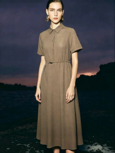 AMII | Summer Japanese Style Mandarin Collar Half Open Elastic Waist Short Sleeve Dress Medium Long