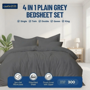 4-in-1 Grey Bedding Set Fitted Sheet Zipper Duvet Cover 2 Pillowcases Soft Hotel Quality Bedsheet Set for Bedroom Comfortable Mattress Cover All Sizes