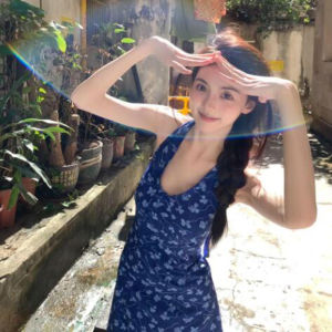 CHANGTONG | Beautiful Unique Blue Floral Off-Shoulder Summer Dress