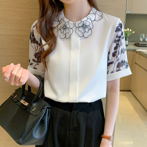 Retro Watercolor Print Chiffon Top Womens Short Sleeve Doll Collar Summer New Style Elegant Petal Shirt Trendy Small Shirt