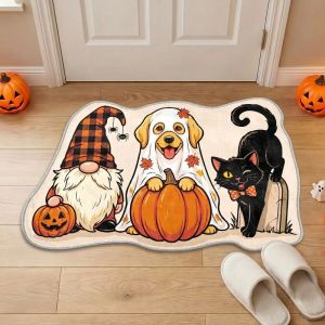 VIKAMA Fall Halloween Cartoon Gnome Puppy Black Cat Welcome MatPumpkin Spider Floor Mat For Entryway Kitchen Holiday Home Decor