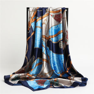 90*90 ซม.ผ้าพันคอผ้าไหมผู้หญิงผ้าคลุมไหล่พิมพ์ซาตินฮิญาบหญิงแบรนด์หรู Square Lady Muffler Foulard Bufandas สาวแถบคาดศีรษะ