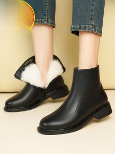 Retro Full Cowhide Casual Boots Womens Fall and Winter Thick Heel Fleece-Lined plus Size Leather Shoes Thin Boots Thickened Wool Womens Boots