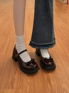 French Mary Jane Shoes Small Leather Womens Summer Socks Retro Beautiful Thick Heel Versatile Black 2024 New Style Sweet Butterfly Knot PU Material round Toe mid Heel