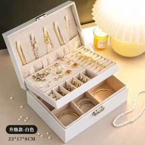 Jewelry Storage Organizer and Makeup CaseDouble-layer Leather Jewlery Box Ring Box Jewelry Boxes and Packaging Necklace Earring