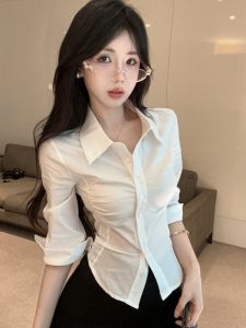 GUZILIAN | French Collar Long Sleeve Slim Fit White Shirt Women Design Summer Unique Spicy Waist Cinched Beautiful Shoulder Top