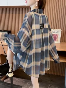 Summer 2025 Womens Plaid Shirt Loose Fit Long Sleeve Polo Collar Mid-Length Casual Thin Air Conditioning Outerwear Trendy