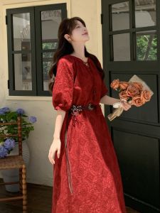Red Vintage Summer Dress Womens 2025 New Bubble Sleeve Hollow out Elegant High-End Feeling Midi A-Line Skirt
