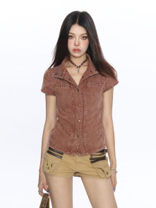 Washed American Style Short Sleeve Shirt Womens Slim Fit Turn-down Collar Shoulder-Length Design Summer Fashionable Slimming Top