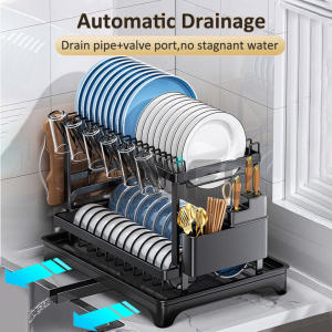 【Ready Stock】Dish Drainer Rack 2 Tier Dish Drainer with Drip Tray Iron Dish Rack with Utensil Holder Swivel Spout Draining Board Rack for Kitchen Counter